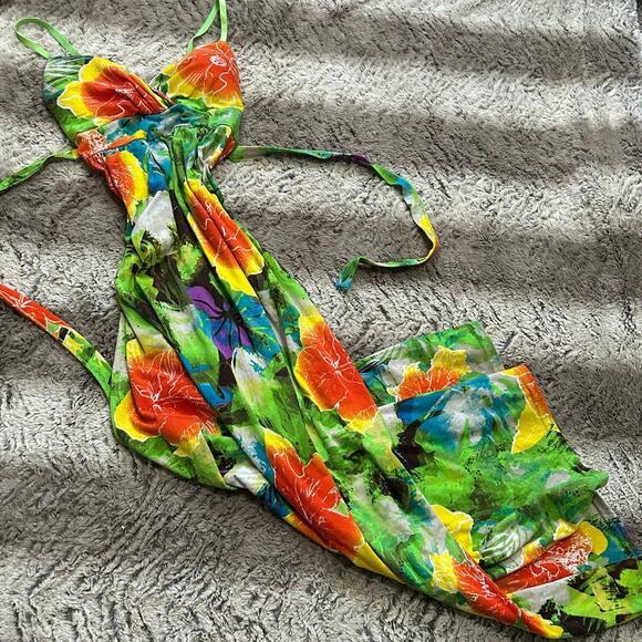 Vtg Derek Heart 90s/Y2K Vibrant Bright Multicolor Tie Back Waist Maxi Dress Med - Picture 1 of 5